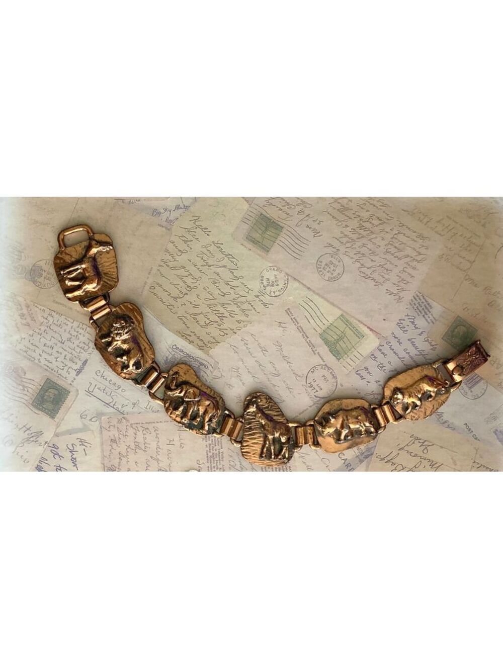 Vintage Solid Copper Safari Wildlife Panel Link Bracelet